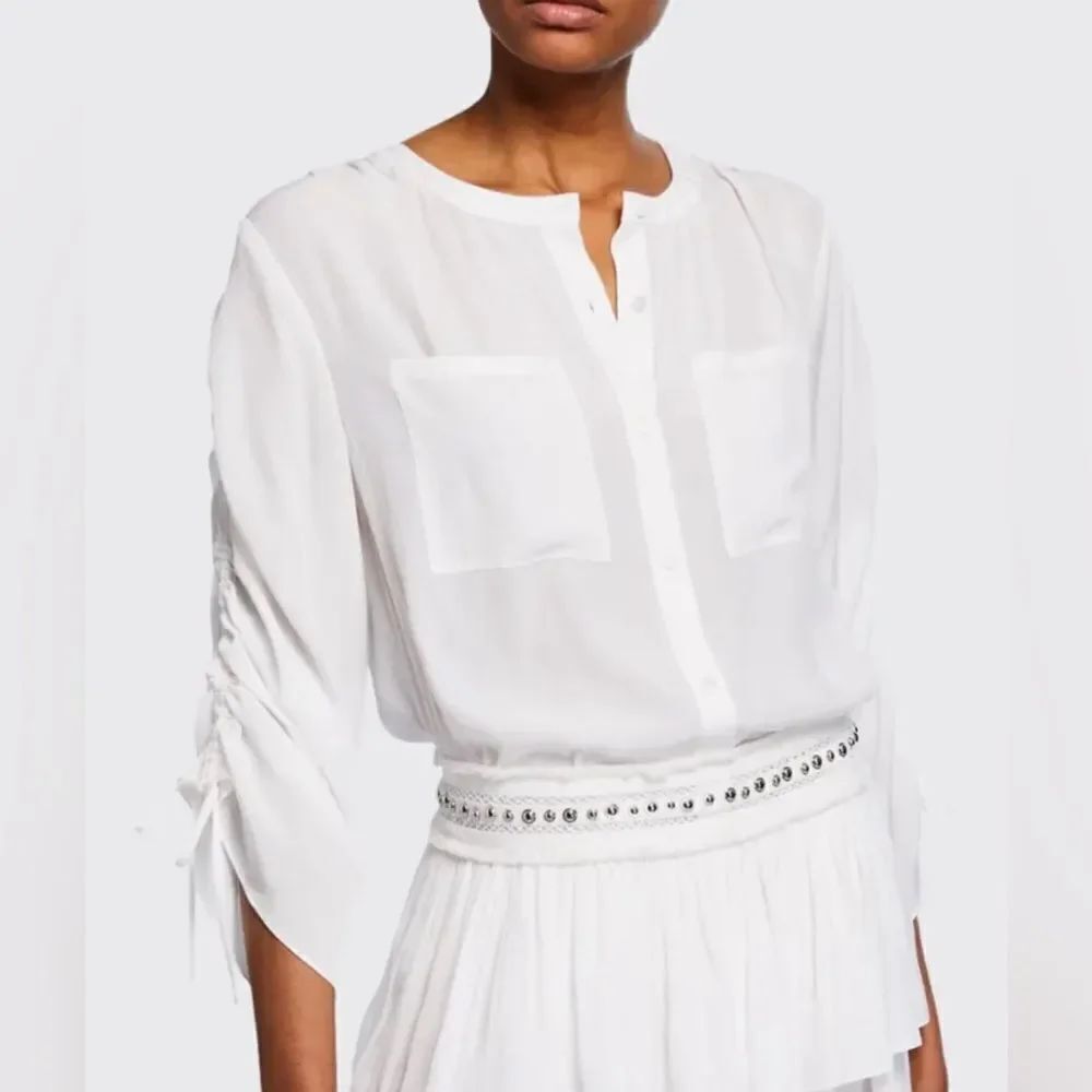 Ramy Brook Denise White Button Up Blouse Ruched Sleeves M